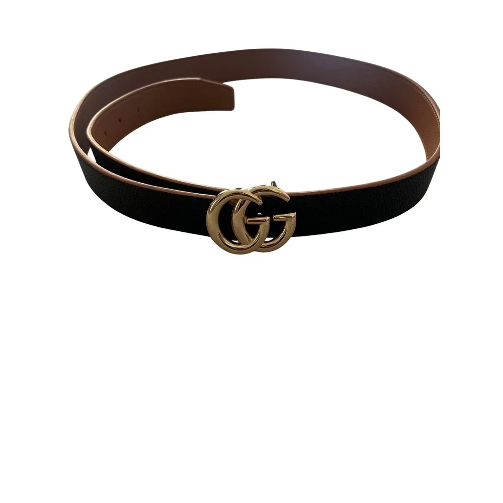 Womens Reversible Fashion Belt Black Tan Pebbled Gold Double G Buckle 49 Inch